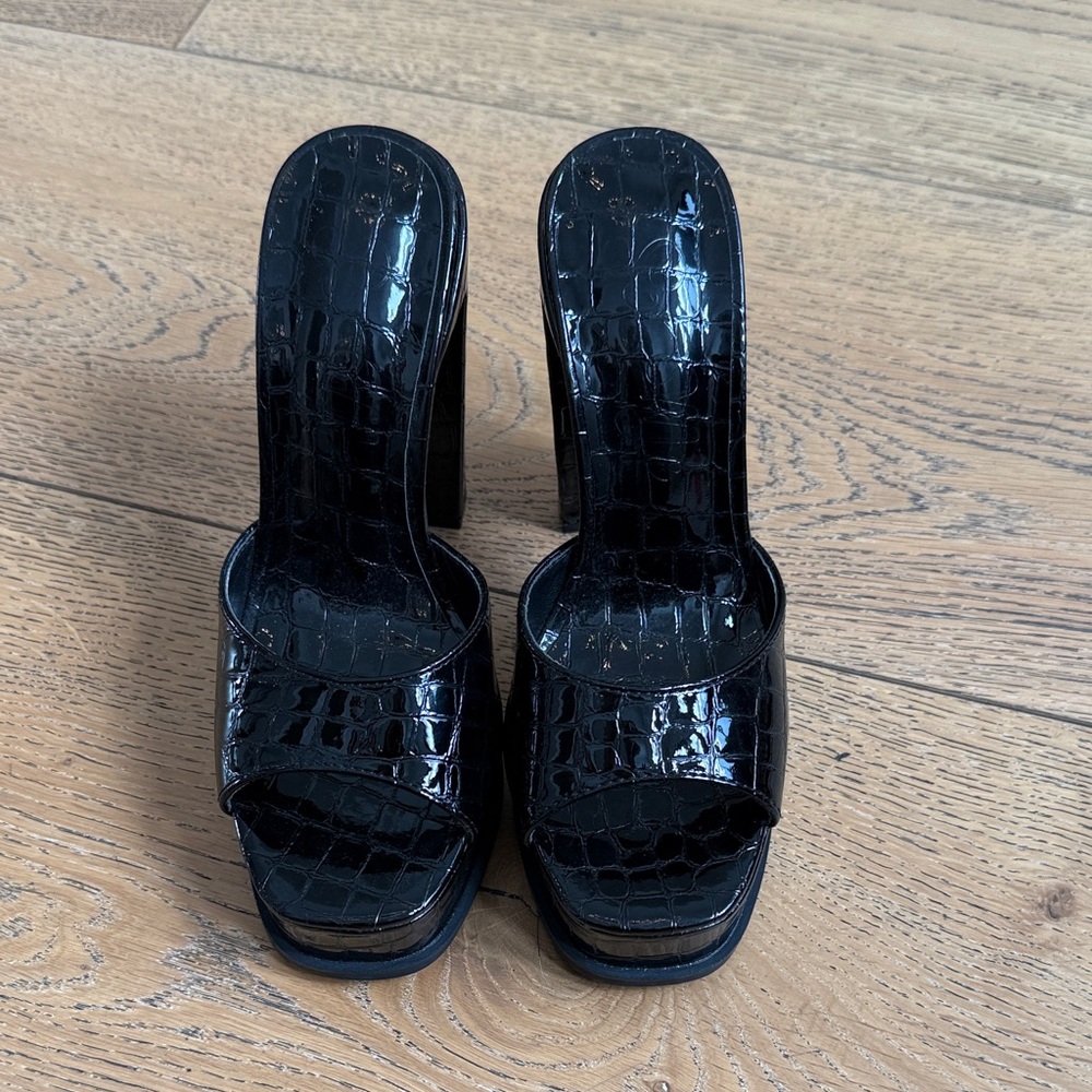 Black Croc-Embossed High Heel Slide Sandals